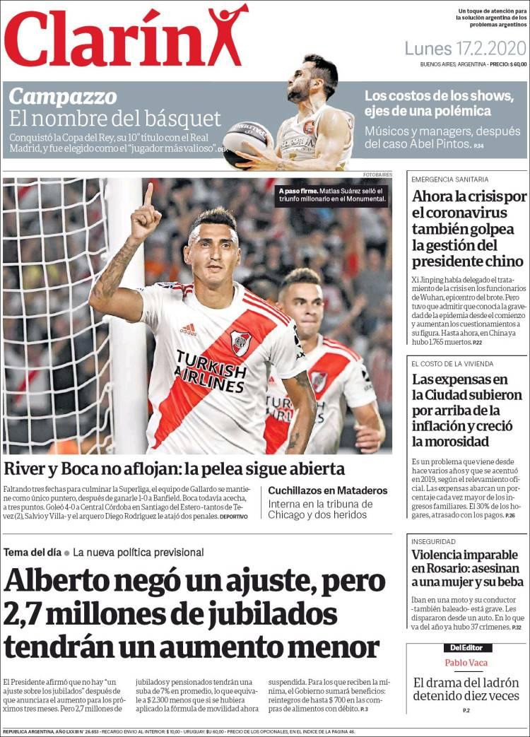 Tapas de diarios, Clarín lunes 17 de febrero de 2020