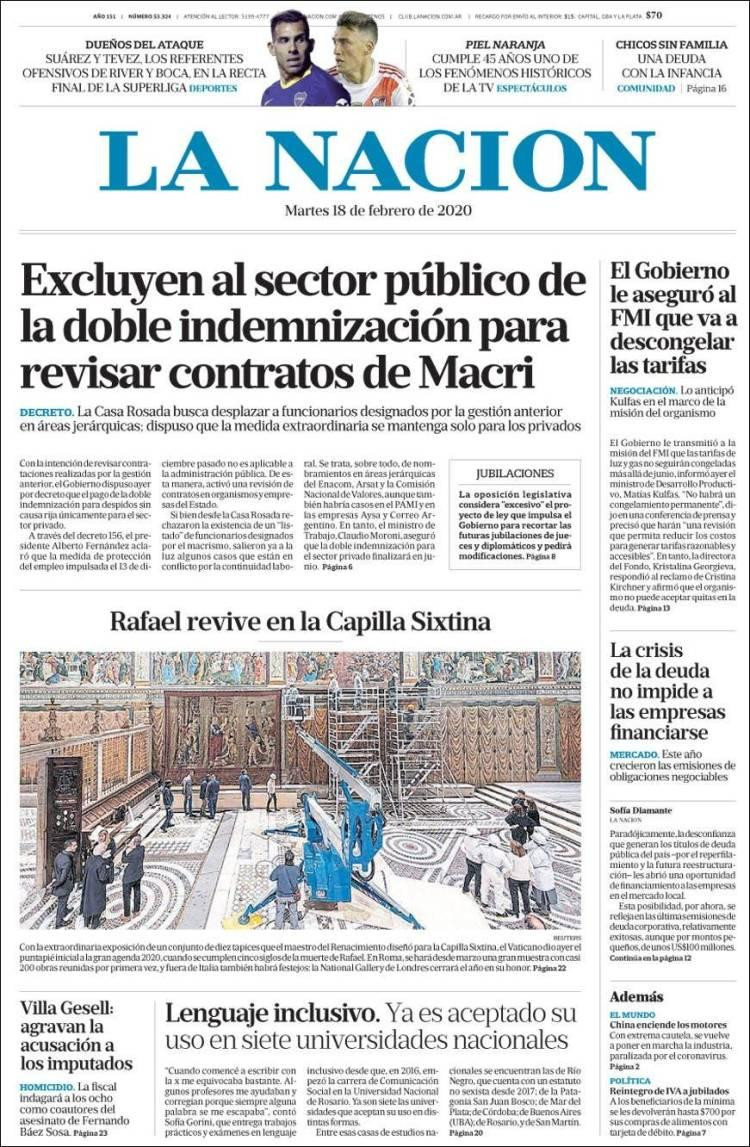 Tapas de diarios, La Nación martes 18 de febrero de 2020