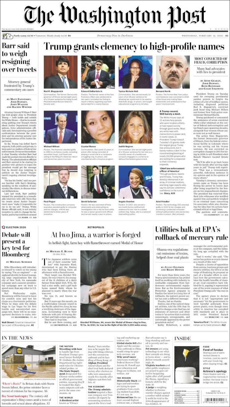 Tapas de diarios, Washington Post, miércoles 19 de febrero de 2020
