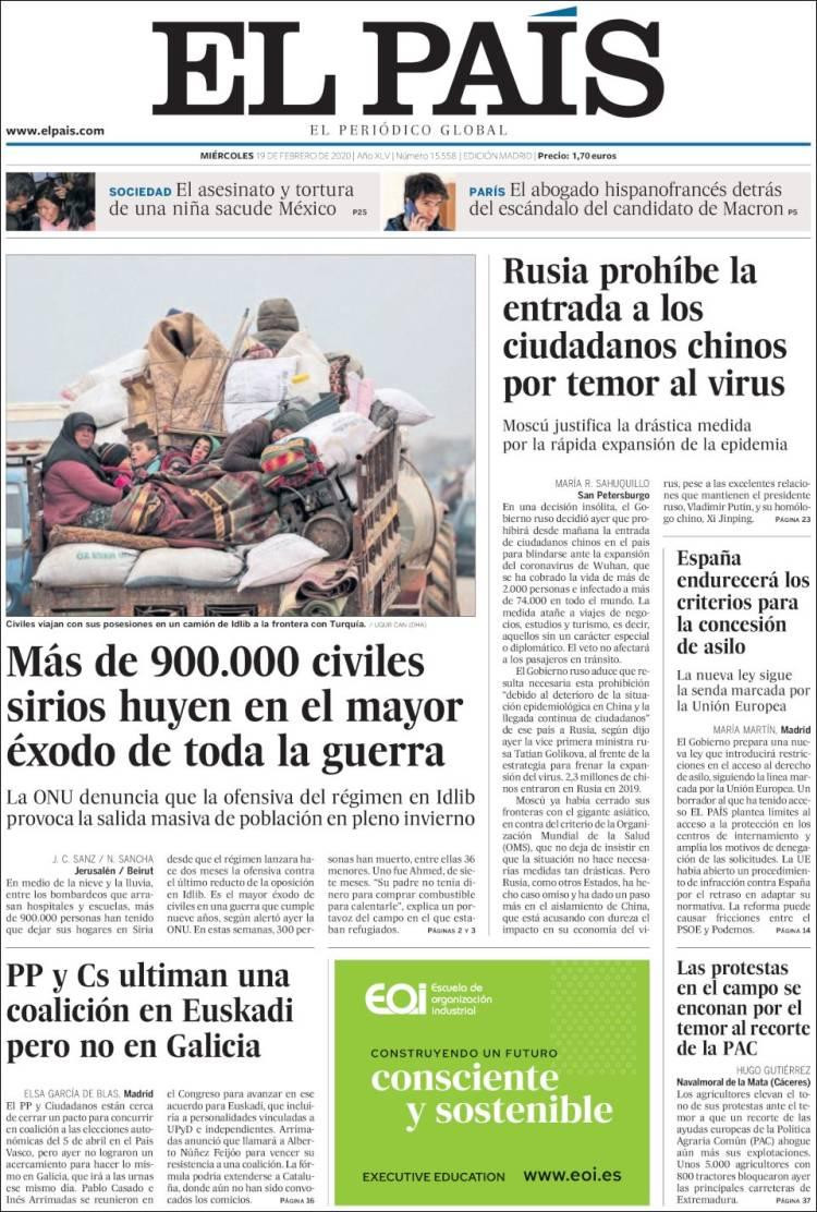 Tapas de diarios, El País, miércoles 19 de febrero de 2020
