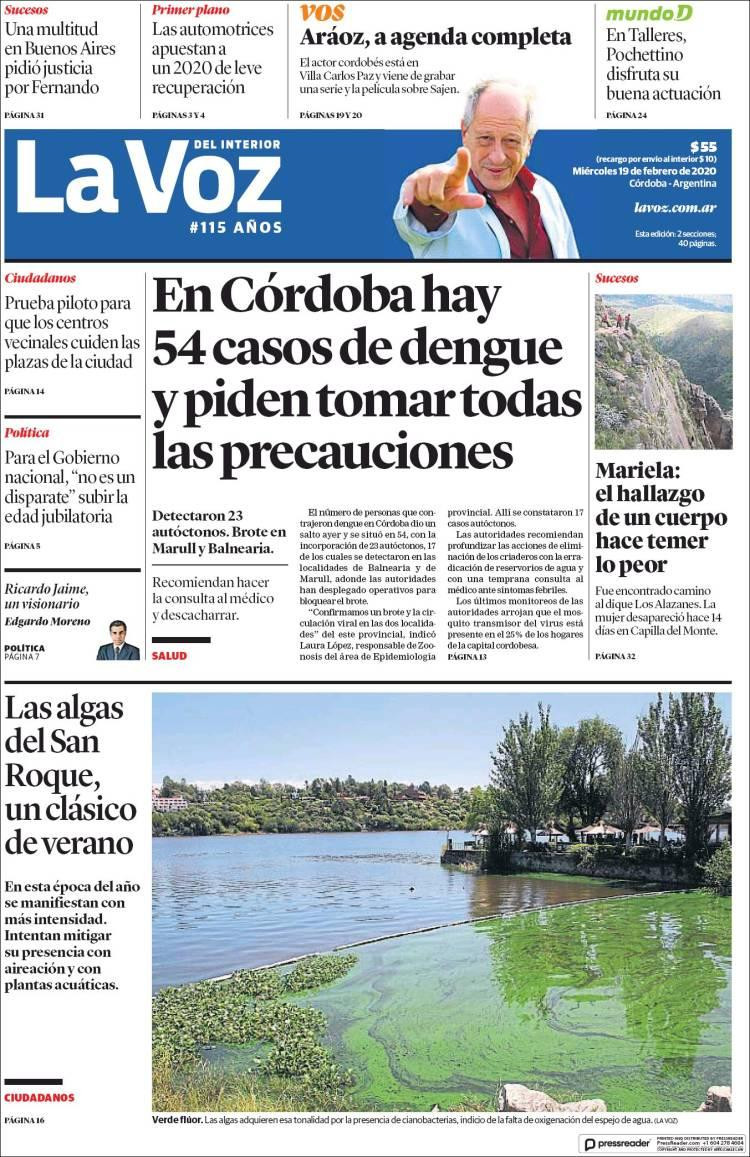 Tapas de diarios, La Voz, miércoles 19 de febrero de 2020