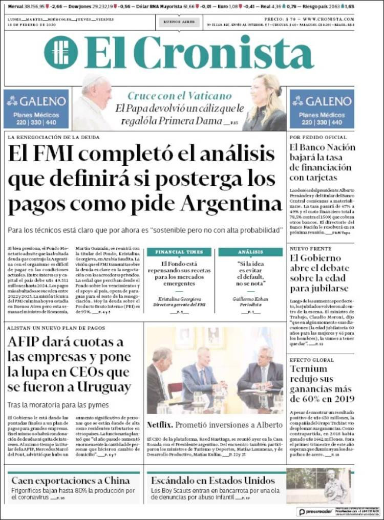 Tapas de diarios, El Cronista, miércoles 19 de febrero de 2020