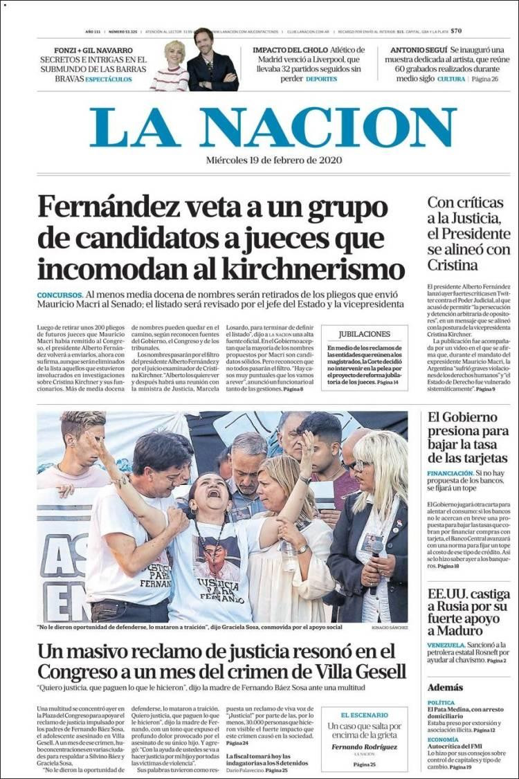 Tapas de diarios, La Nación, miércoles 19 de febrero de 2020
