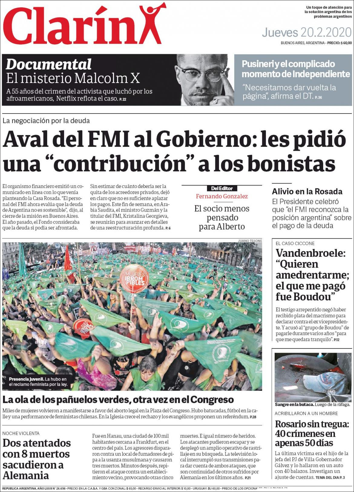 Tapa de diarios, Clarin, jueves 20 de febrero de 2020