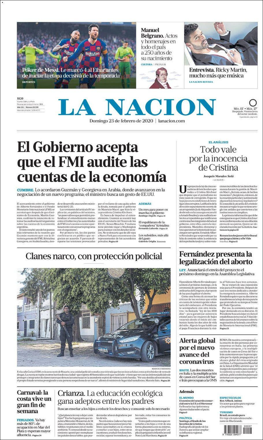 Tapas de diarios, La Nación, domingo 23 de febrero de 2020