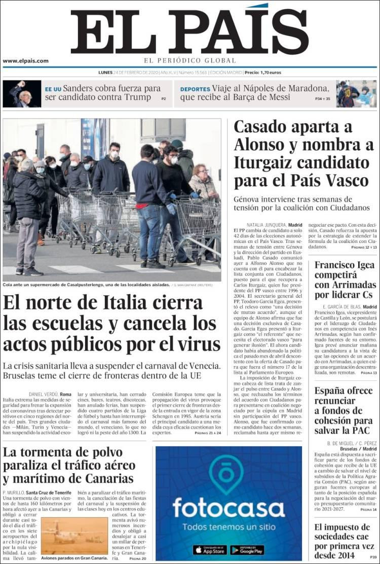 Tapa El País, lunes 24 de febrero de 2020