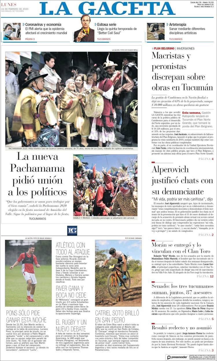 Tapa La Gaceta, lunes 24 de febrero de 2020