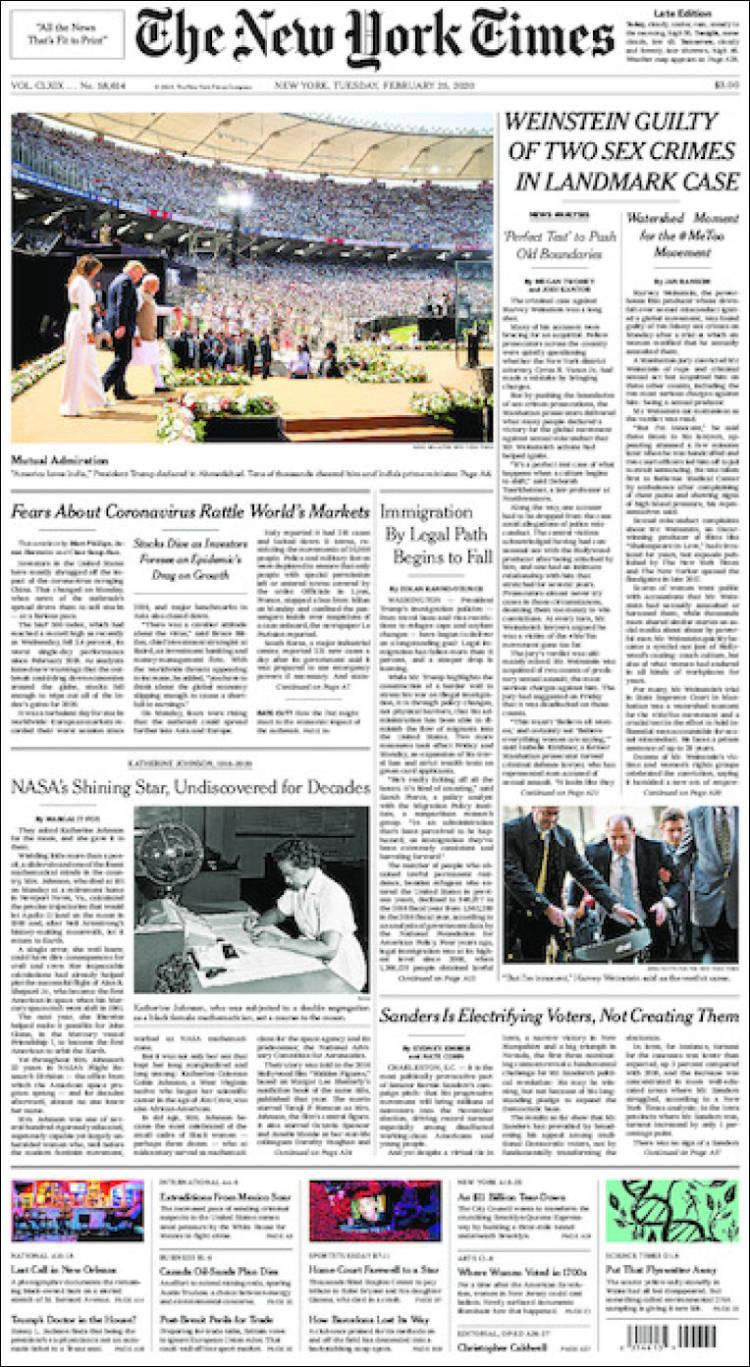 Tapa diarios, New York Times, martes 25 de febrero de 2020|