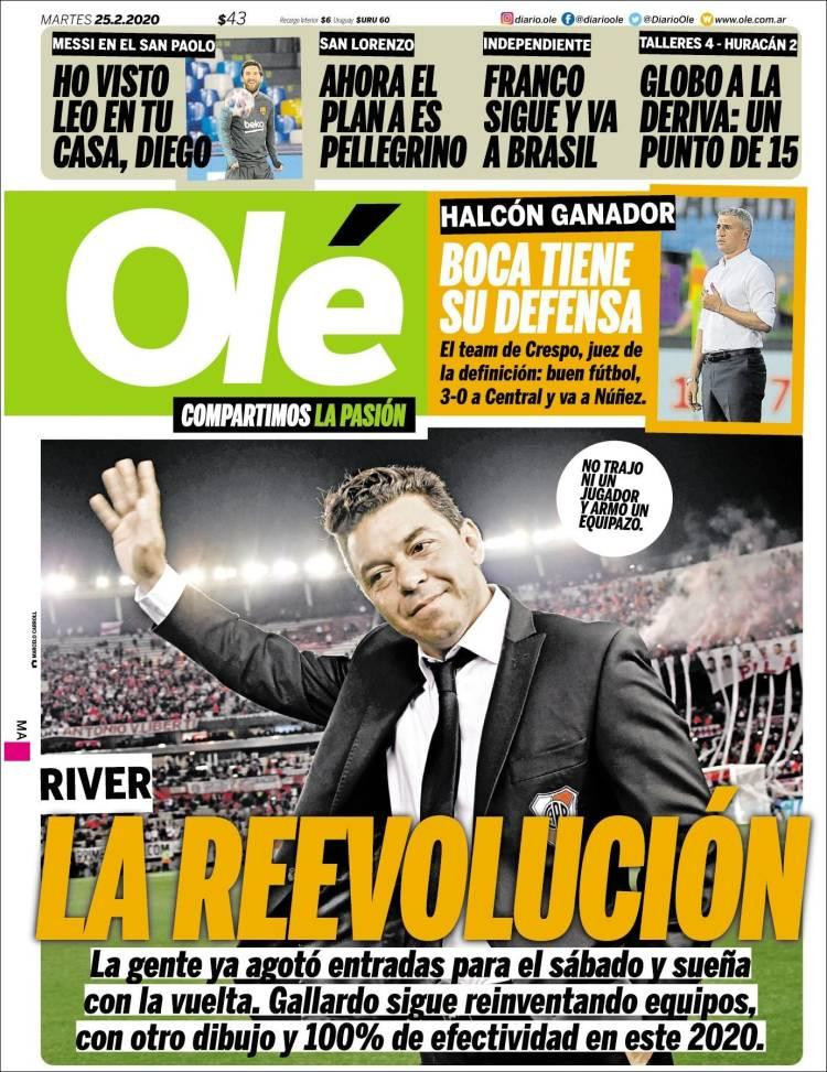 Tapa diarios, Olé, martes 25 de febrero de 2020|