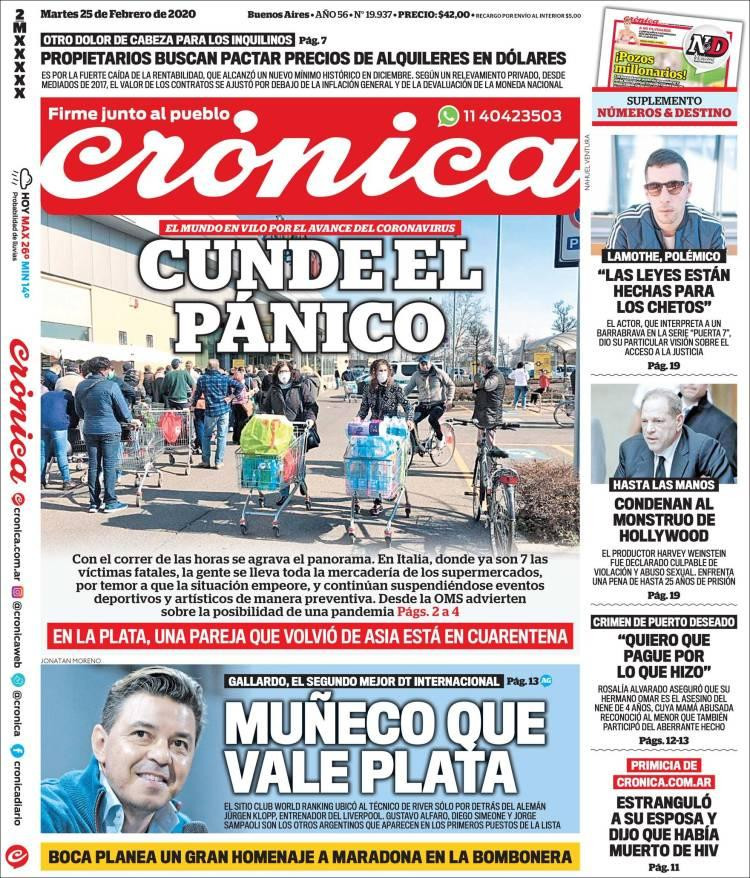 Tapa diarios, Crónica, martes 25 de febrero de 2020|