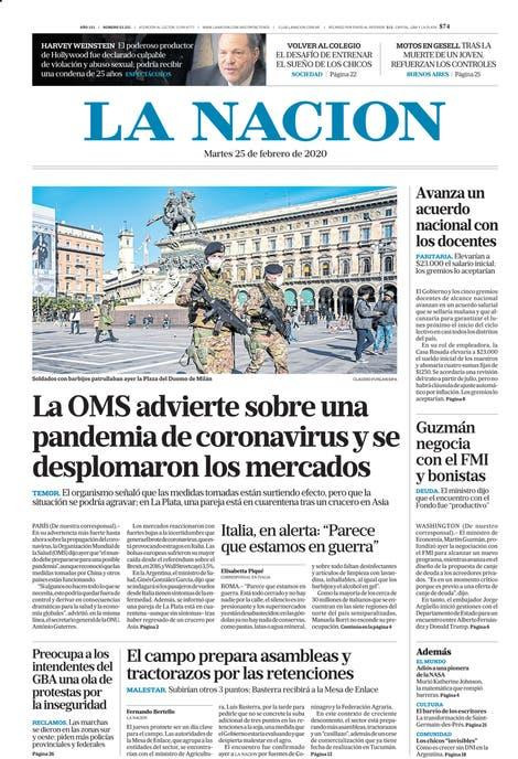Tapa diarios, La Nación, martes 25 de febrero de 2020|
