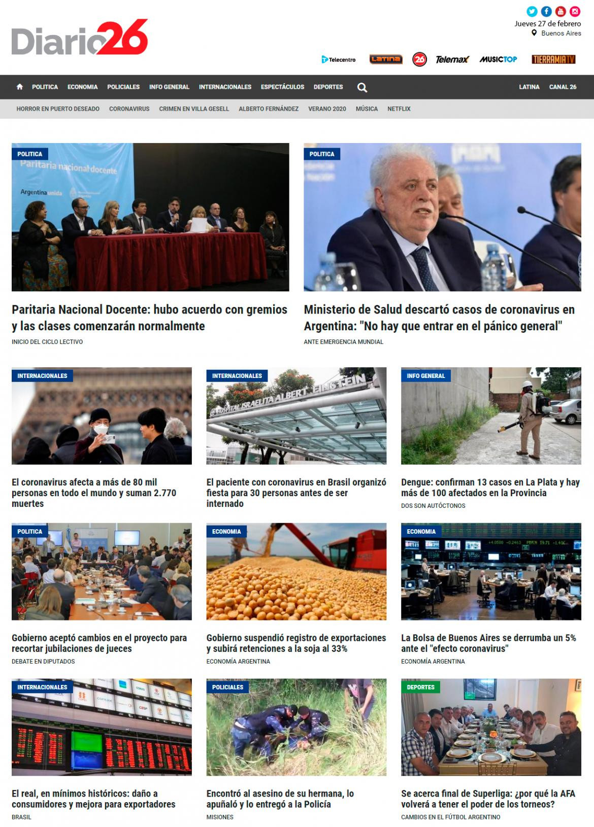 Tapas de diarios, Diario 26, jueves 27 de febrero de 2020