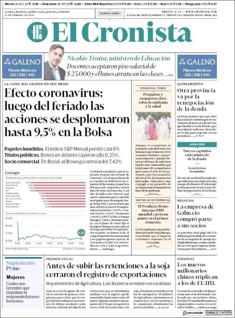 Tapas de diarios, El Cronista, jueves 27 de febrero de 2020