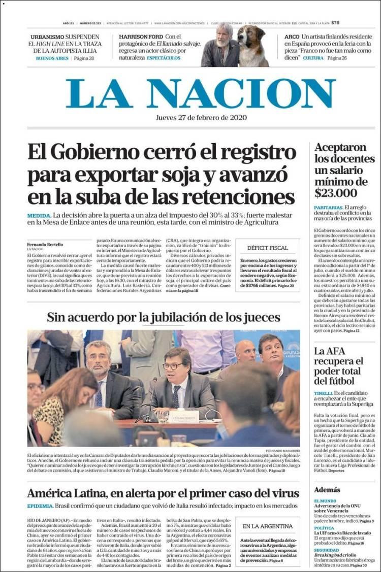 Tapas de diarios, La Nación, jueves 27 de febrero de 2020