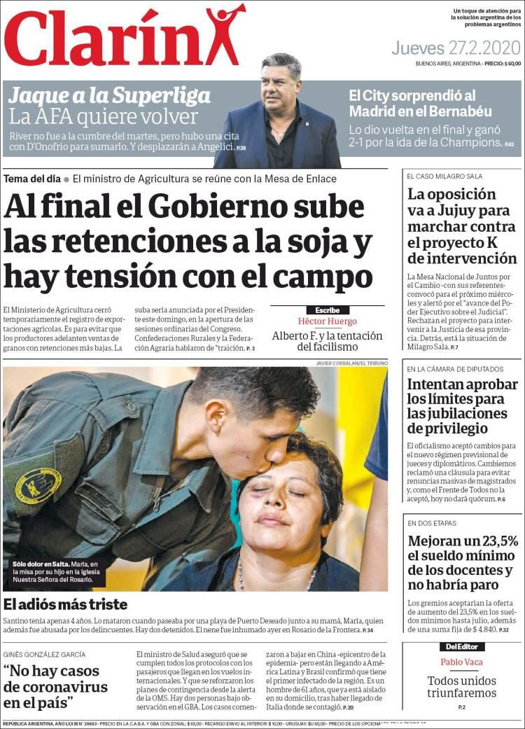 Tapas de diarios, Clarín, jueves 27 de febrero de 2020