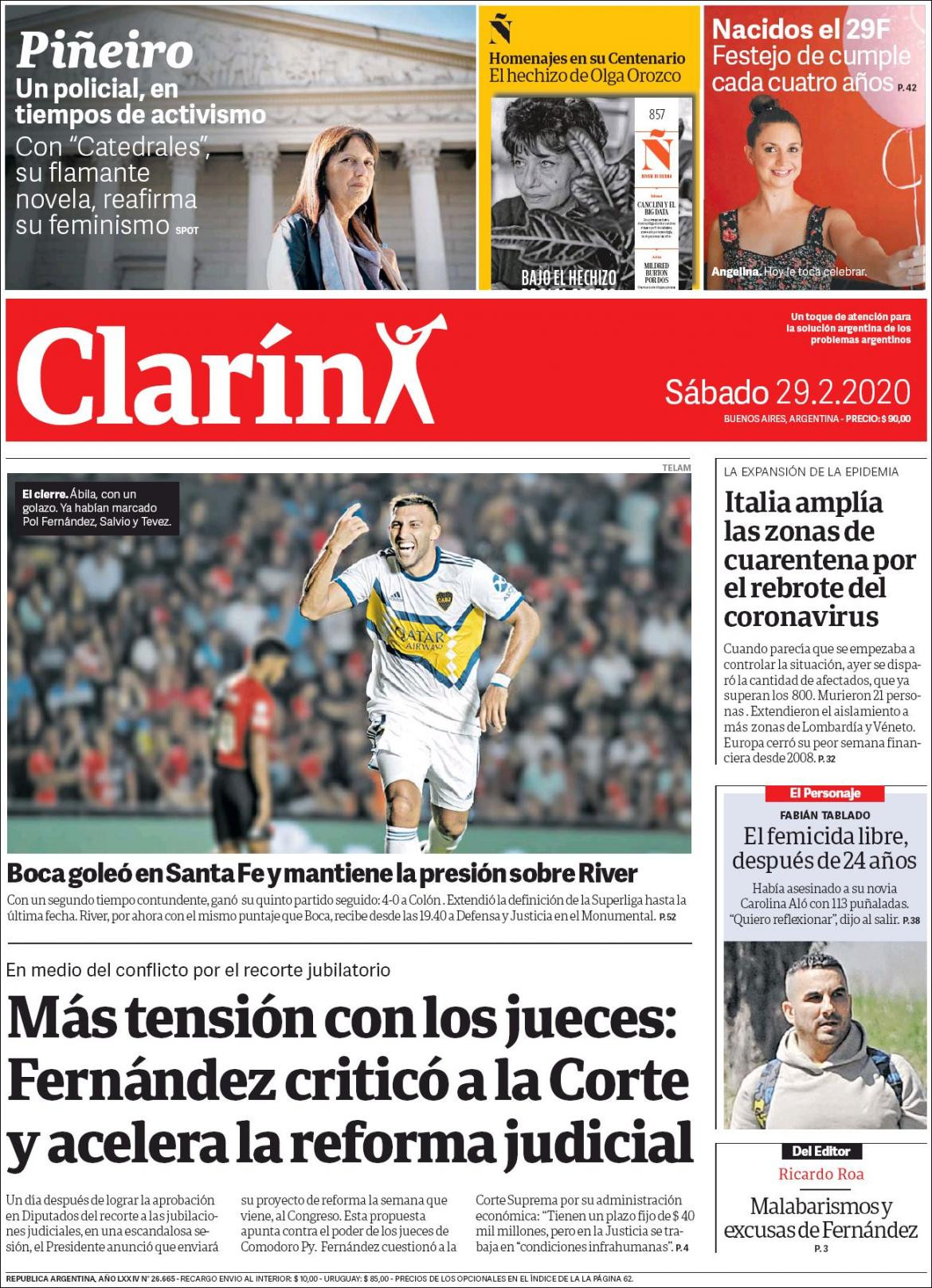 Tapas de diarios, Clarin, sábado 29 de febrero de 2020