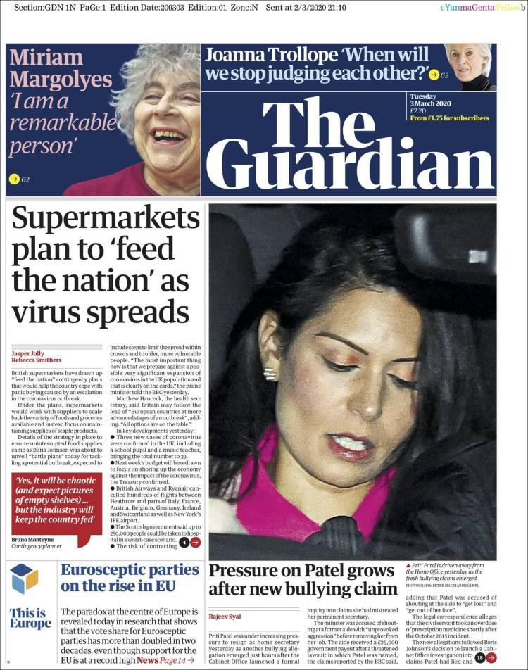 Tapas de diarios, Guardian, martes 3 de marzo de 2020