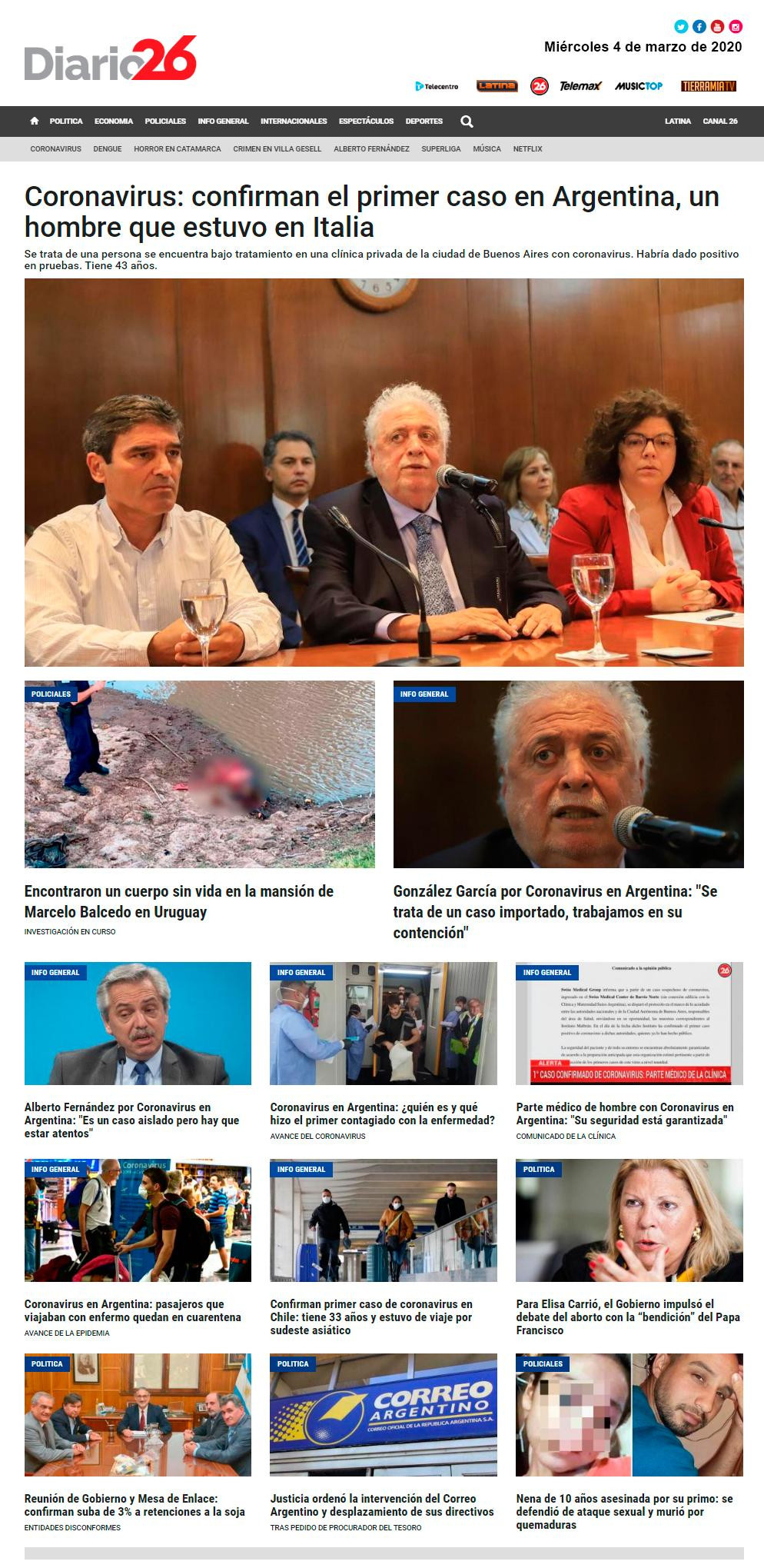 Tapa Diario 26 miércoles 4 de marzo de 2020