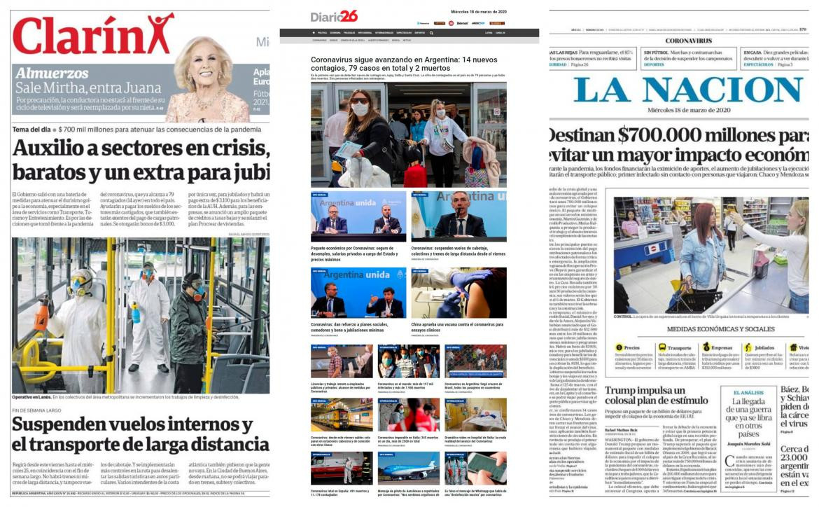 Tapa de diarios, miércoles 18 de marzo de 2020