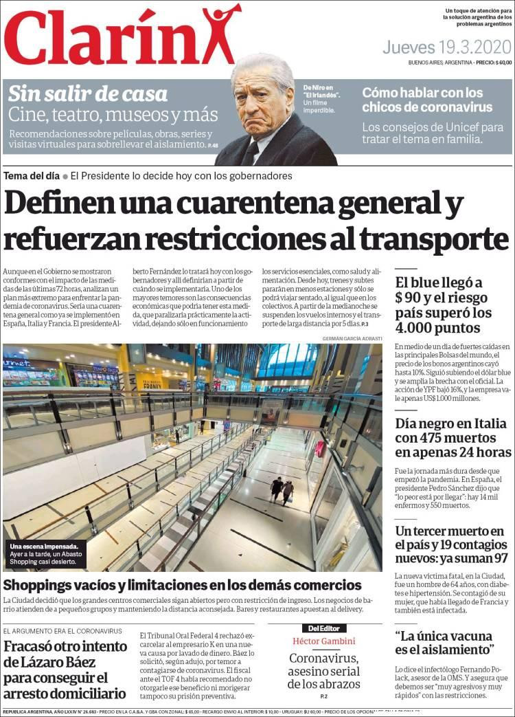 Tapas de diarios, Clarín jueves 19 de marzo de 2020