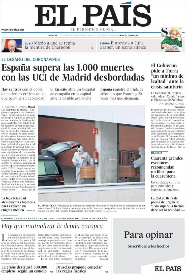 Tapas de diarios, 21-3-20, EL PAIS