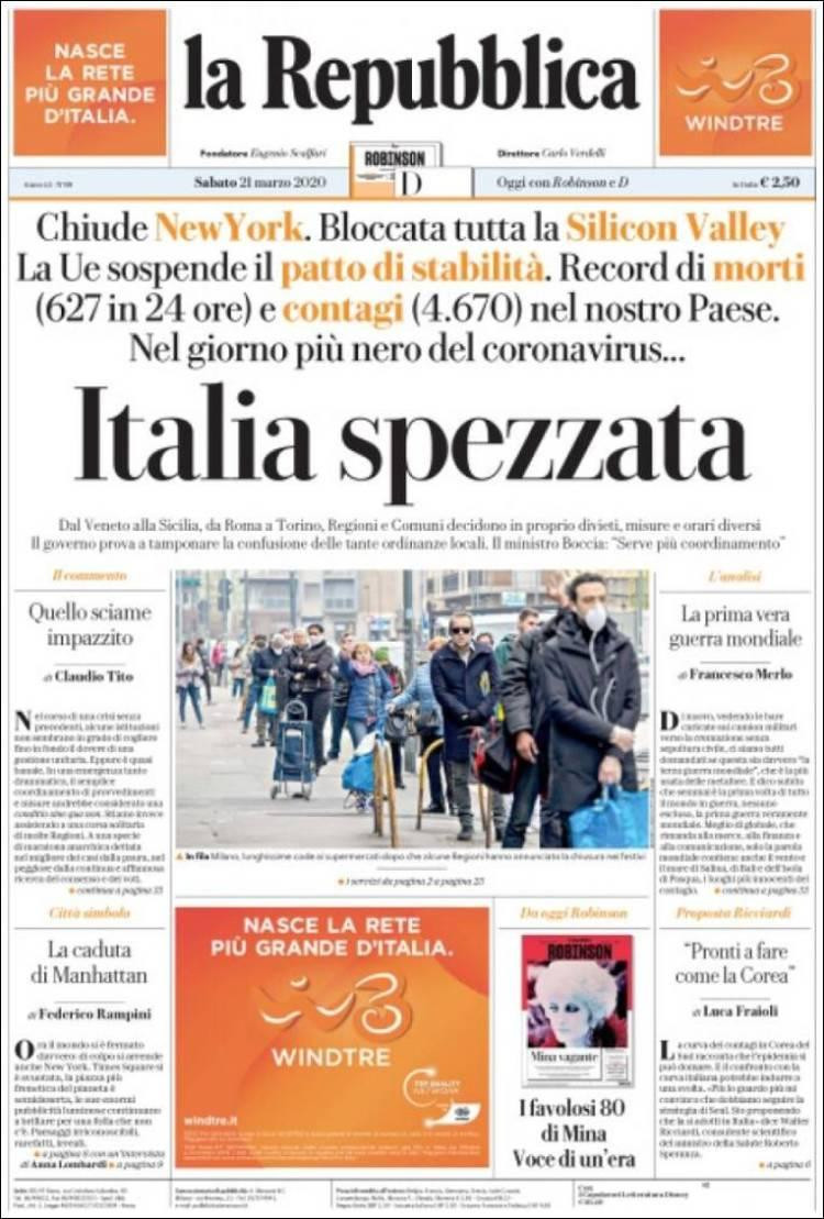 Tapas de diarios, 21-3-20, LA REPUBBLICA