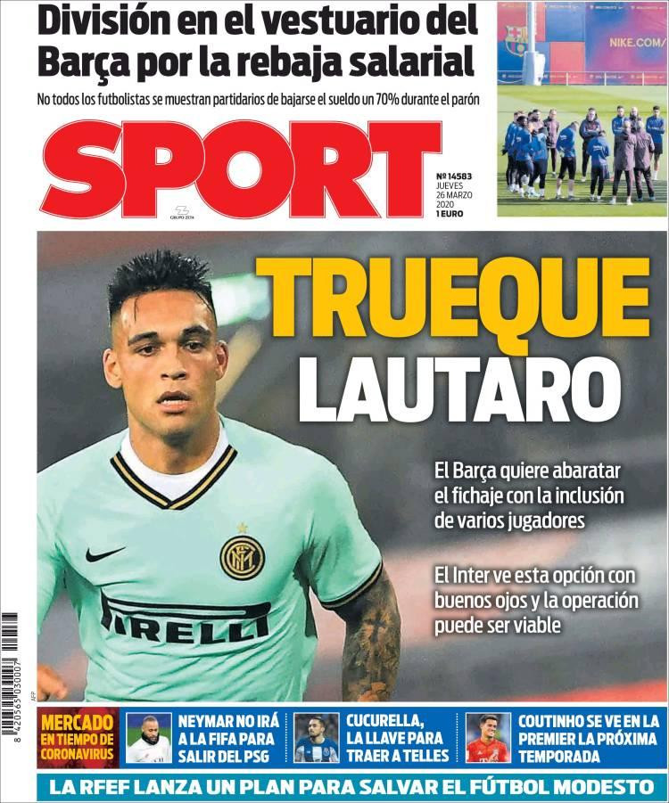 Tapas de diarios, Sport de España, jueves 26 de marzo de 2020