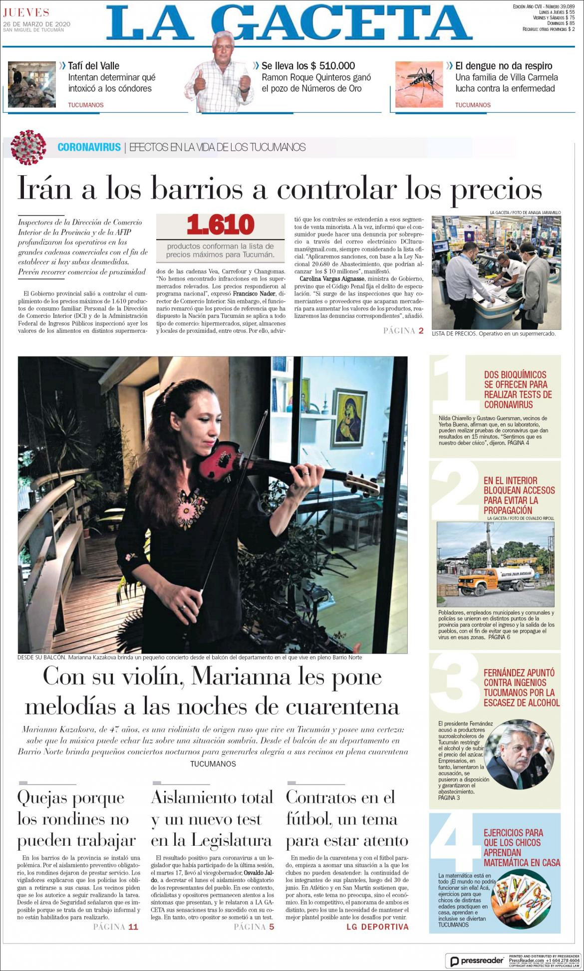 Tapas de diarios, La Gaceta, jueves 26 de marzo de 2020