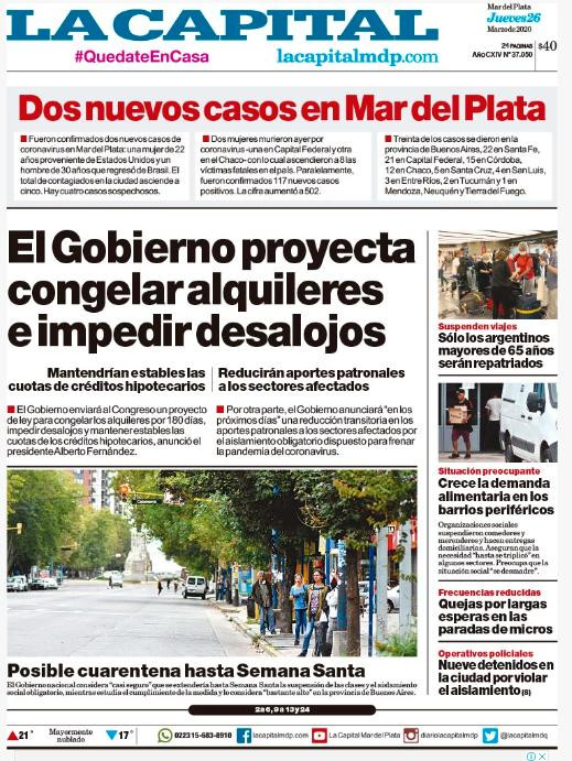 Tapas de diarios, La Capital de Mar del Plata, jueves 26 de marzo de 2020