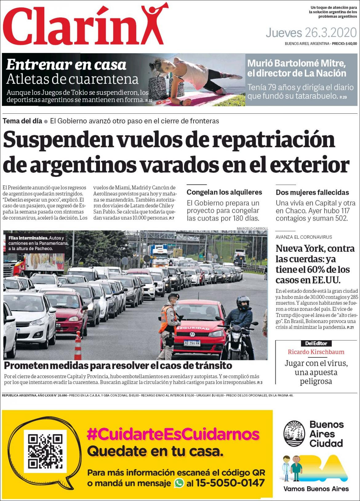 Tapas de diarios, Clarin, jueves 26 de marzo de 2020