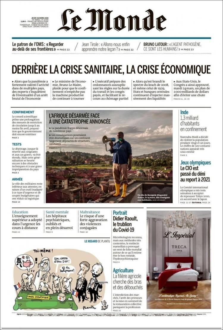 Tapas de diarios, Le Monde de Francia, jueves 26 de marzo de 2020