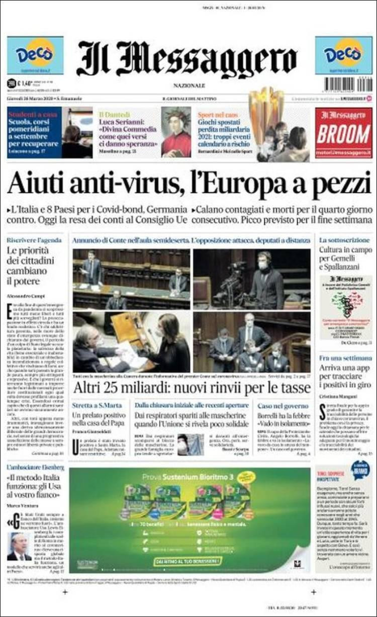 Tapas de diarios, Il Messaggero de Italia, jueves 26 de marzo de 2020