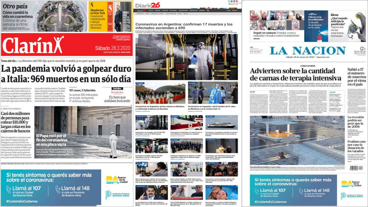 Tapas de diarios argentinos, sábado 28 de marzo de 2020 