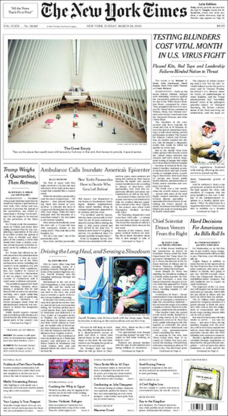 Tapas de Diarios, The New York Times de Estados Unidos, domingo 29 de marzo de 2020
