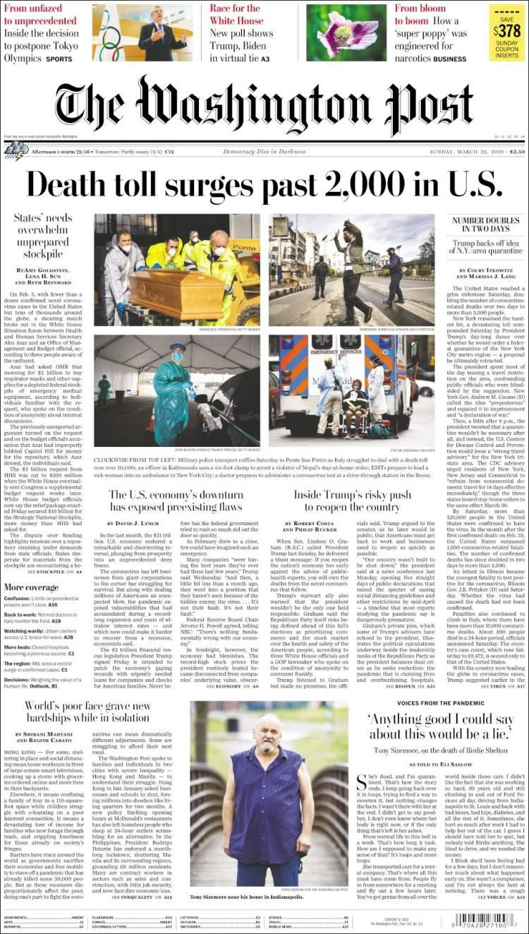 Tapas de Diarios, The Washington Post de Estados Unidos, domingo 29 de marzo de 2020