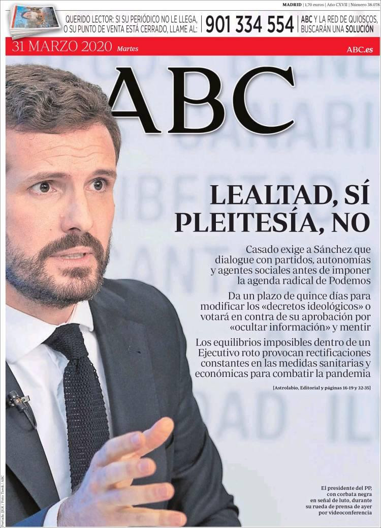 Tapas de diarios, ABC, martes 31 de marzo de 2020