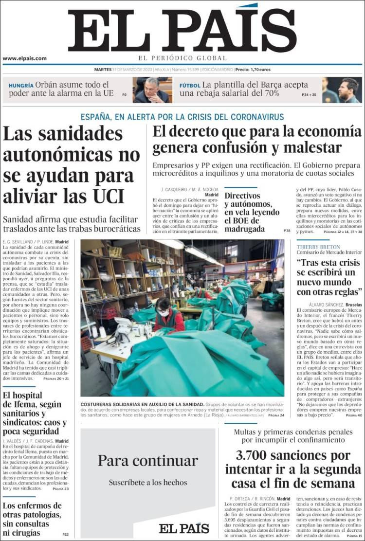 Tapas de diarios, El país, martes 31 de marzo de 2020