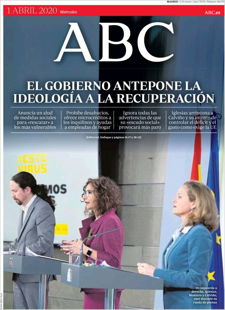 Tapas de diarios, ABC, 1 de abril de 2020