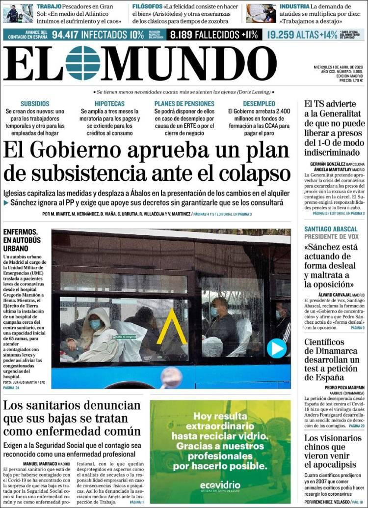 Tapas de diarios, El mundo, 1 de abril de 2020