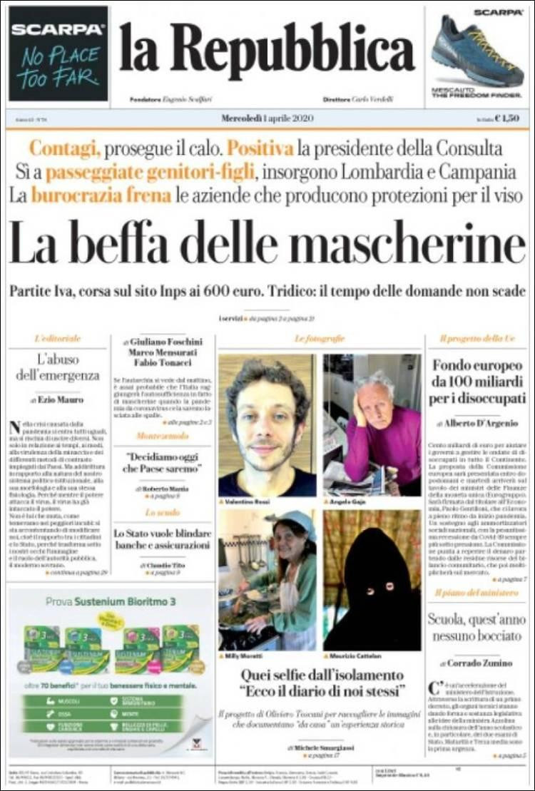 Tapas de diarios, La repubblica, 1 de abril de 2020