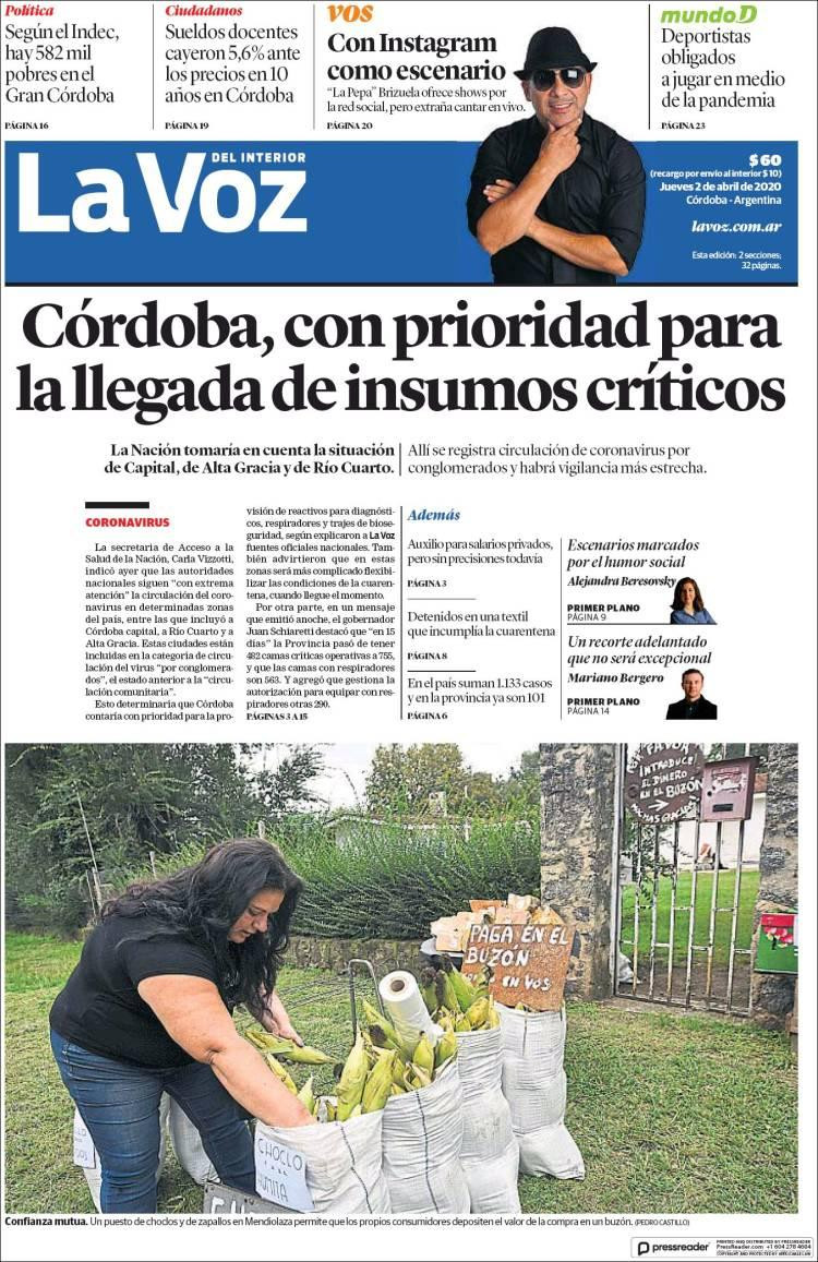 Tapas de diarios, La Voz, jueves 2 de abril de 2020