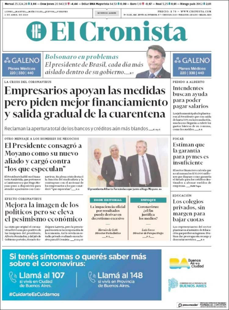 Tapas de diarios, El Cronista, jueves 2 de abril de 2020