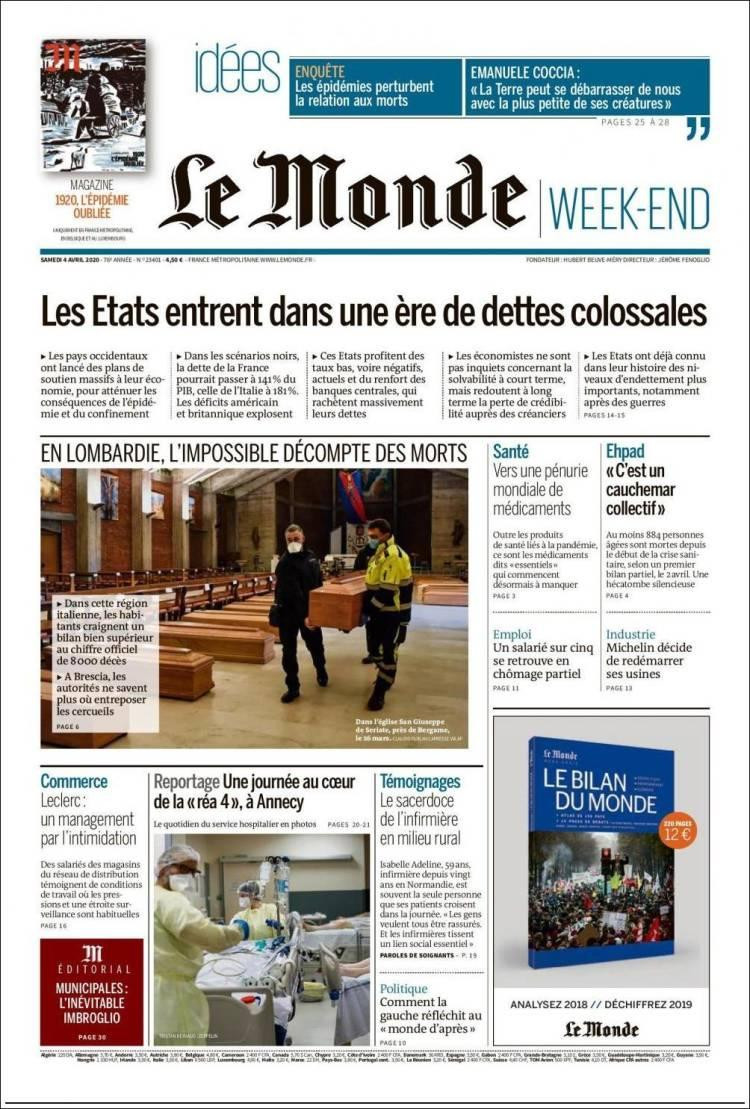Tapas de diarios, Le Monde, sábado 4 de abril de 2020