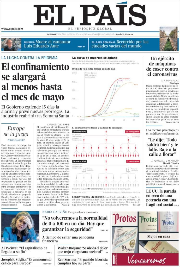 Tapas de diarios, El País domingo 5 de abril de 2020