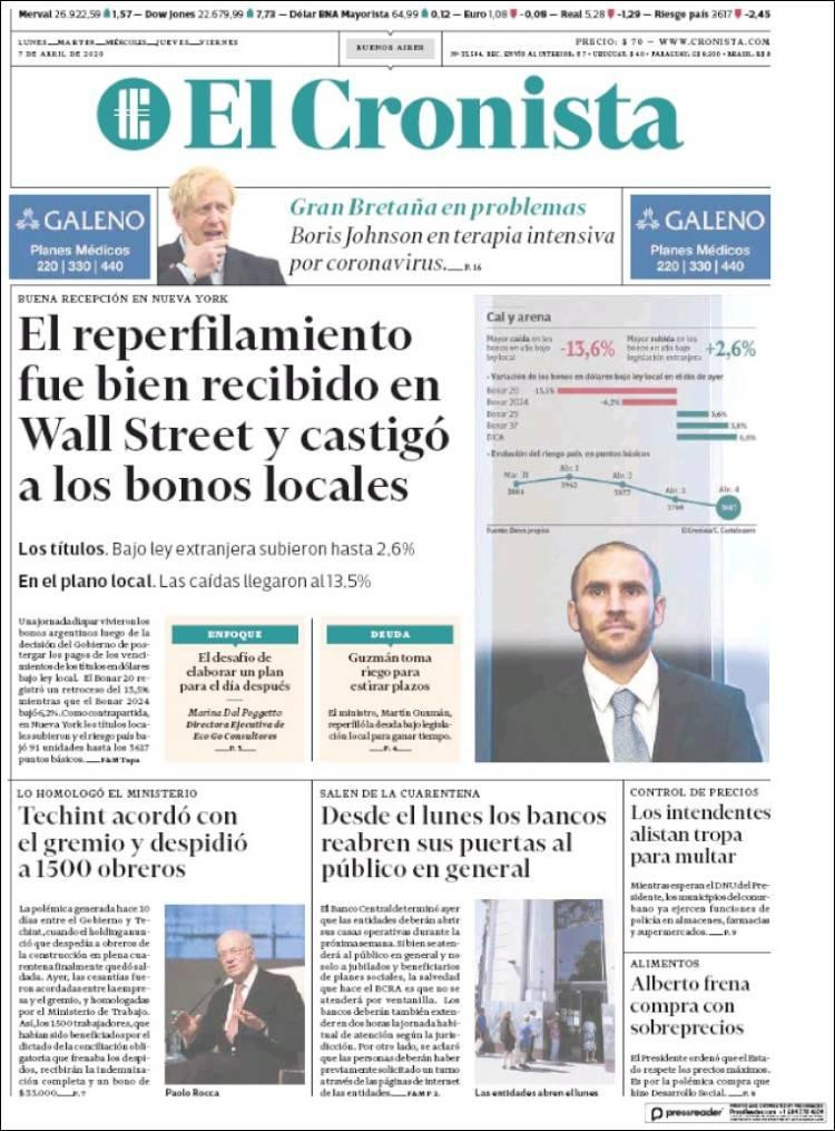 Tapas de diarios, El Cronista, martes 7 de abril de 2020