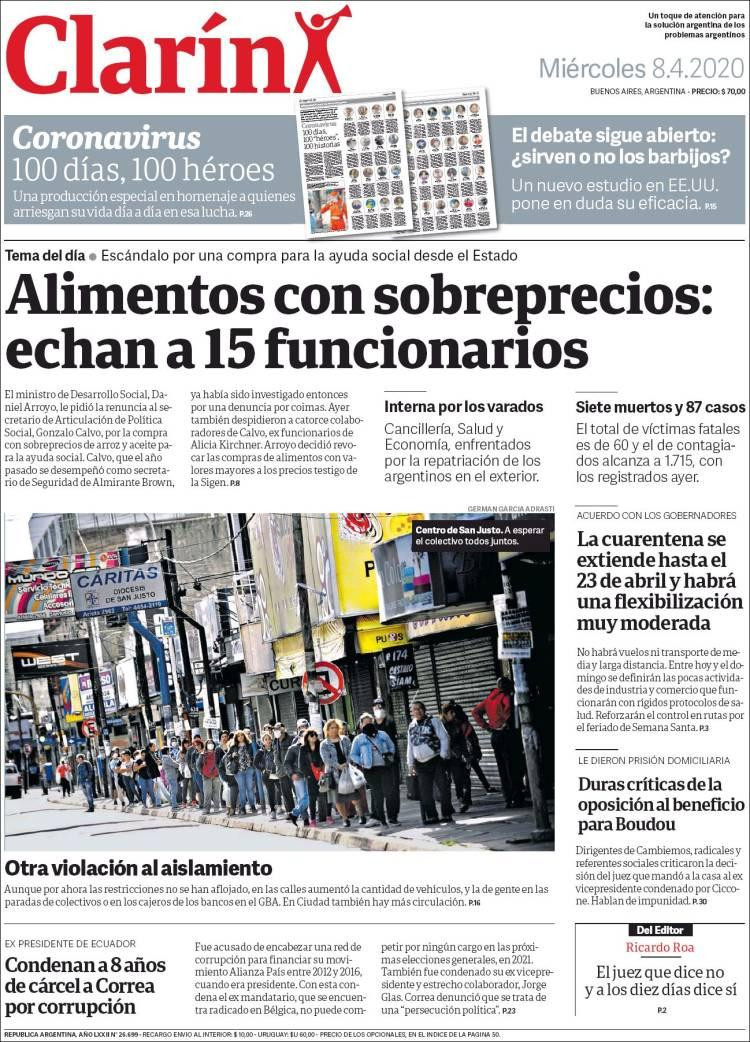 Tapas de diarios, Clarin, miércoles 8 de abril de 2020	