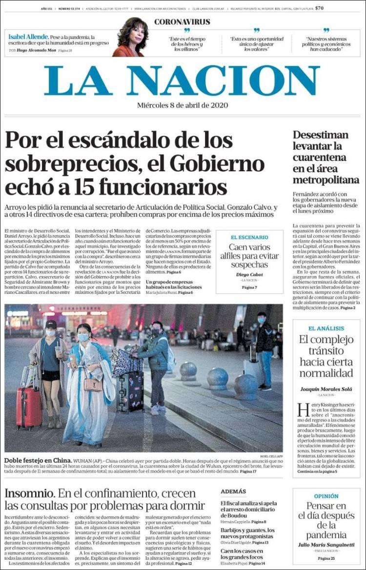 Tapas de diarios, La Nación, miércoles 8 de abril de 2020	