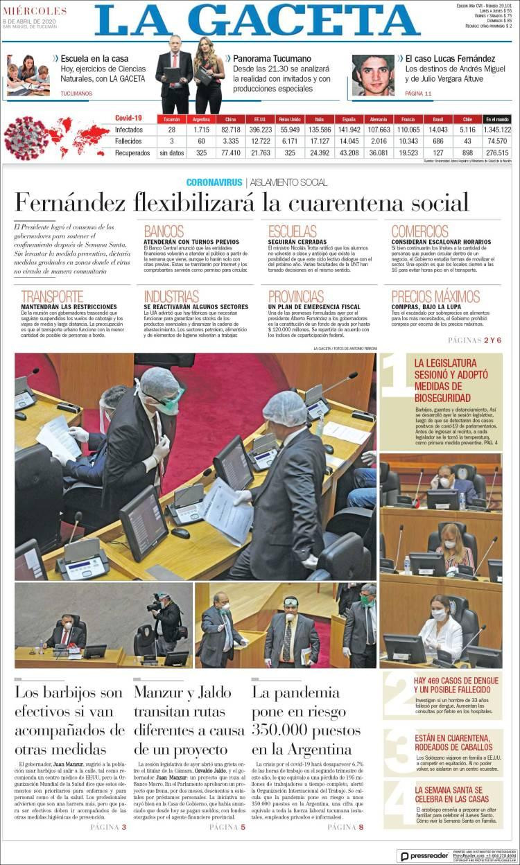 Tapas de diarios, La gaceta, jueves 8 de abril de 2020