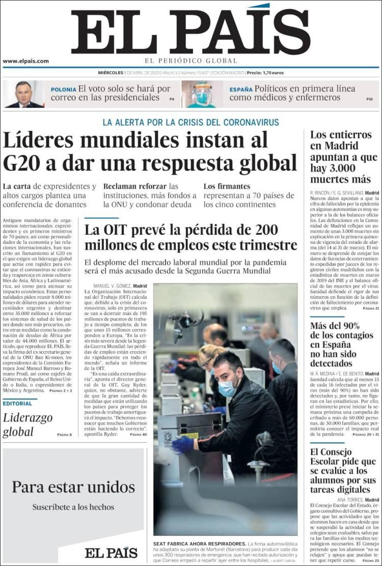 Tapas de diarios, El país, jueves 8 de abril de 2020