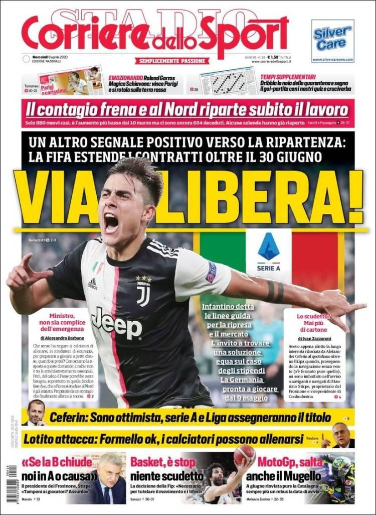 Tapas de diarios, Corriere dello sport, jueves 8 de abril de 2020